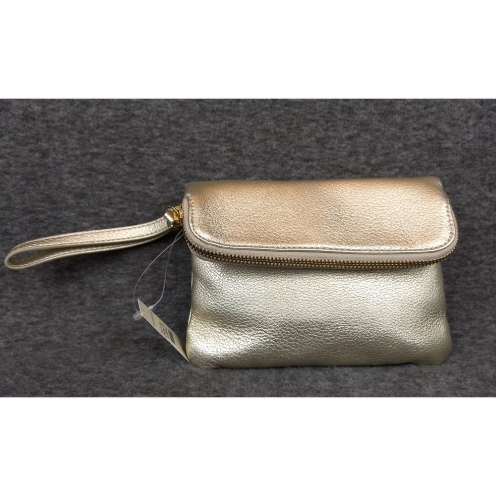 Talbots Gold Metallic Leather Wristlet Clutch Zipper Top Foldover Snap Bag NEW